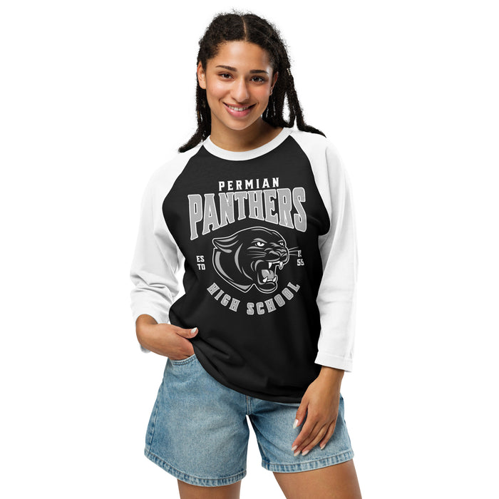 Woman wearing Permian High School Panthers Unisex 3/4 sleeve Raglan T-shirt 213