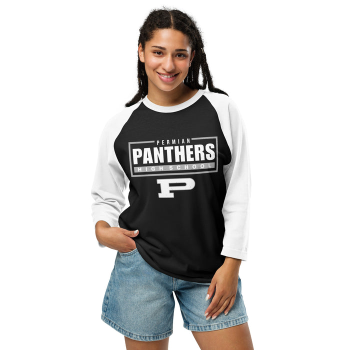 Woman wearing Permian High School Panthers Unisex 3/4 sleeve Raglan T-shirt 049