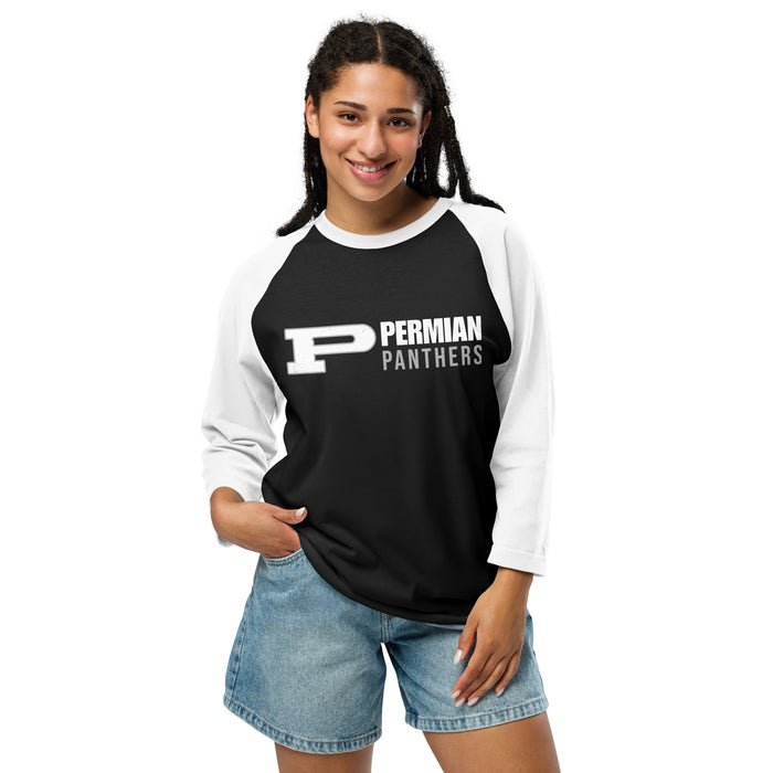 Woman wearing Permian High School Panthers Unisex 3/4 sleeve Raglan T-shirt 200