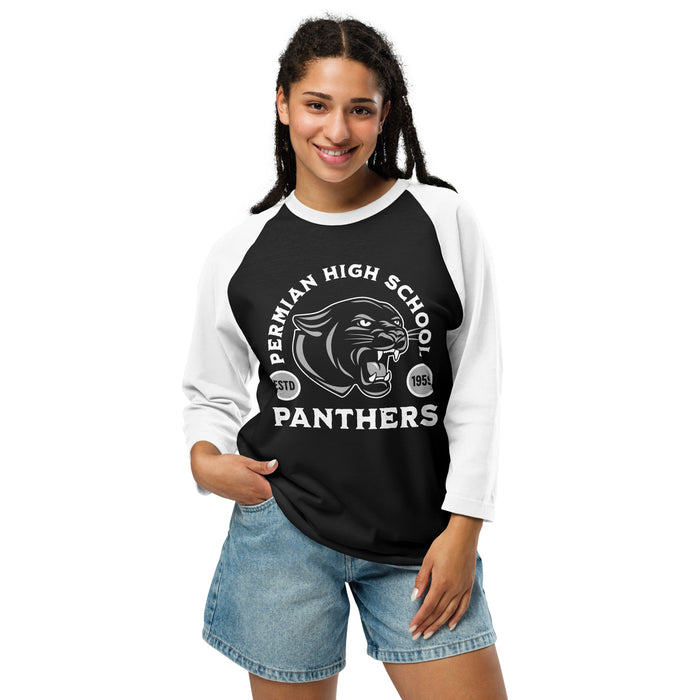 Woman wearing Permian High School Panthers Unisex 3/4 sleeve Raglan T-shirt 208