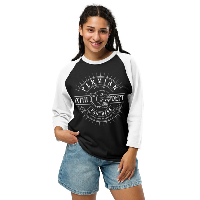 Woman wearing Permian High School Panthers Unisex 3/4 sleeve Raglan T-shirt 201
