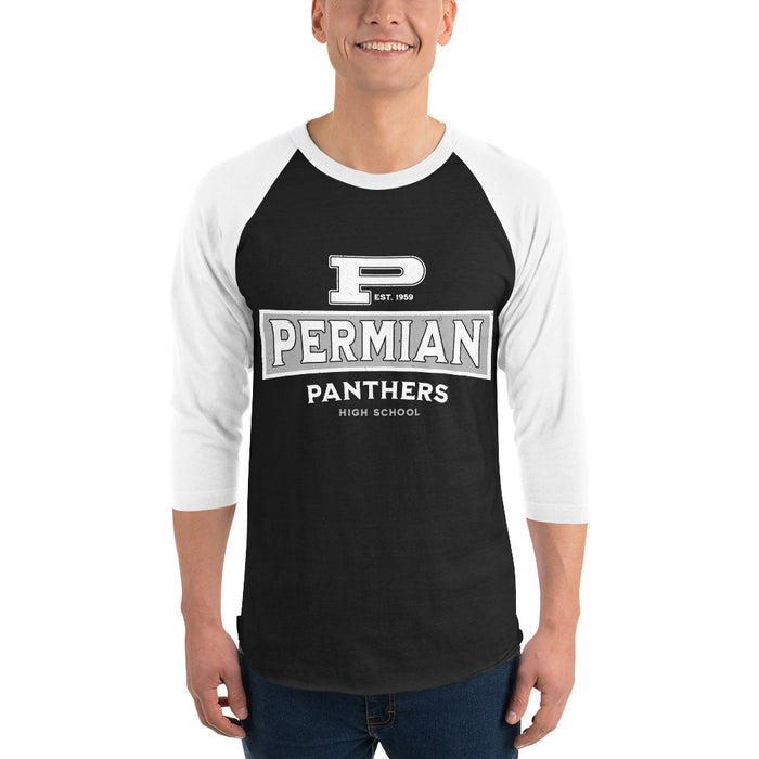 Man wearing Permian High School Panthers Unisex 3/4 sleeve Raglan T-shirt 202
