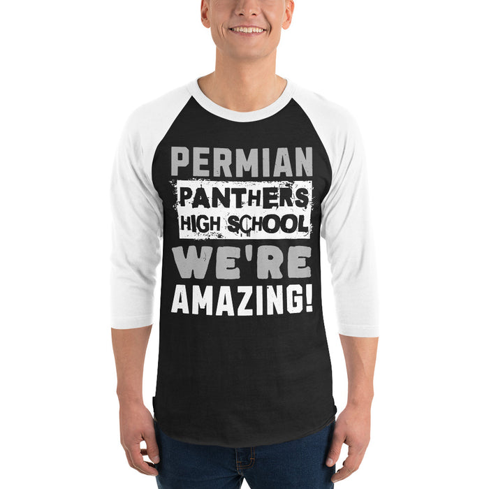 Man wearing Permian High School Panthers Unisex 3/4 sleeve Raglan T-shirt 231