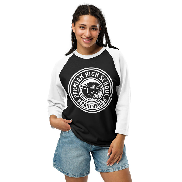 Woman wearing Permian High School Panthers Unisex 3/4 sleeve Raglan T-shirt 220