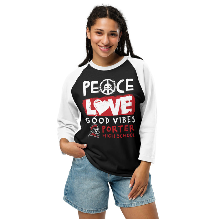 Woman wearing Porter High School Spartans Unisex 3/4 Sleeve Raglan T-shirt 240