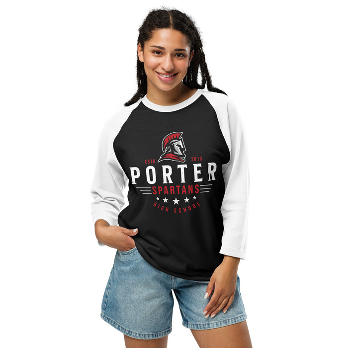 Woman wearing Porter High School Spartans Unisex 3/4 Sleeve Raglan T-shirt 217