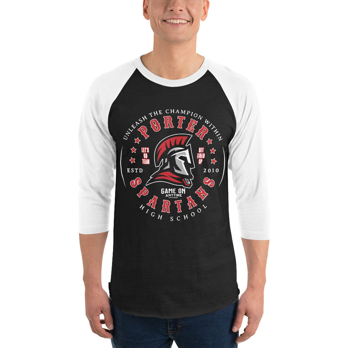 Man wearing Porter High School Spartans Unisex 3/4 Sleeve Raglan T-shirt 214