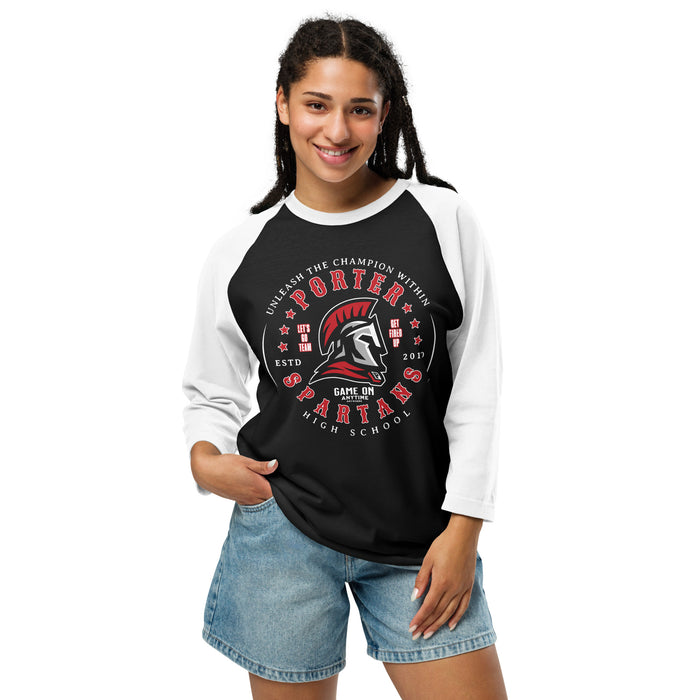 Woman wearing Porter High School Spartans Unisex 3/4 Sleeve Raglan T-shirt 214