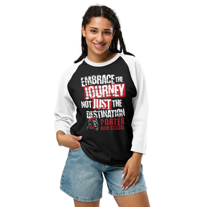 Woman wearing Porter High School Spartans Unisex 3/4 Sleeve Raglan T-shirt 232