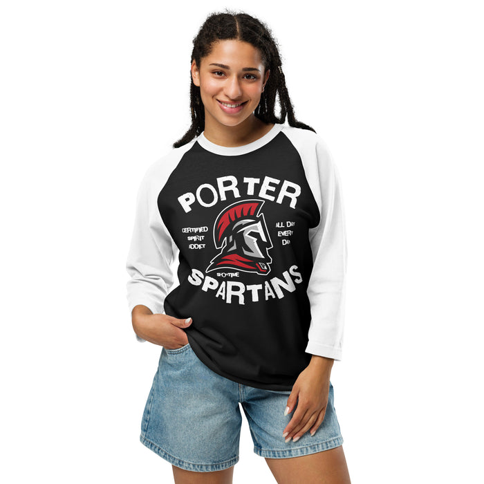 Woman wearing Porter High School Spartans Unisex 3/4 Sleeve Raglan T-shirt 228