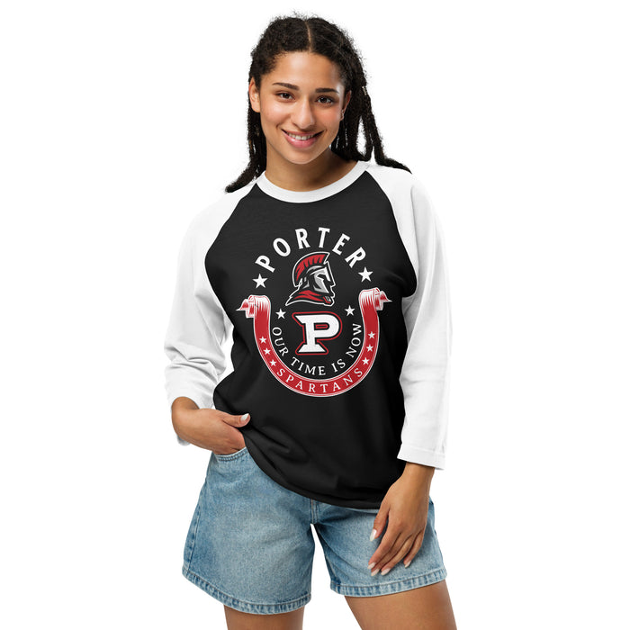 Woman wearing Porter High School Spartans Unisex 3/4 Sleeve Raglan T-shirt 229