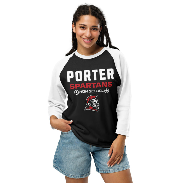 Woman wearing Porter High School Spartans Unisex 3/4 Sleeve Raglan T-shirt 003