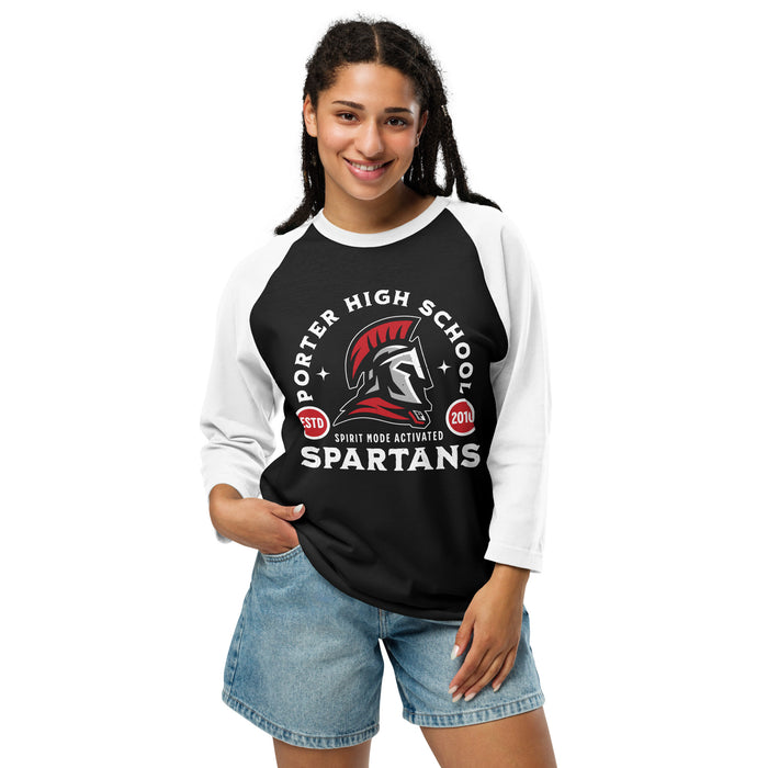 Woman wearing Porter High School Spartans Unisex 3/4 Sleeve Raglan T-shirt 208