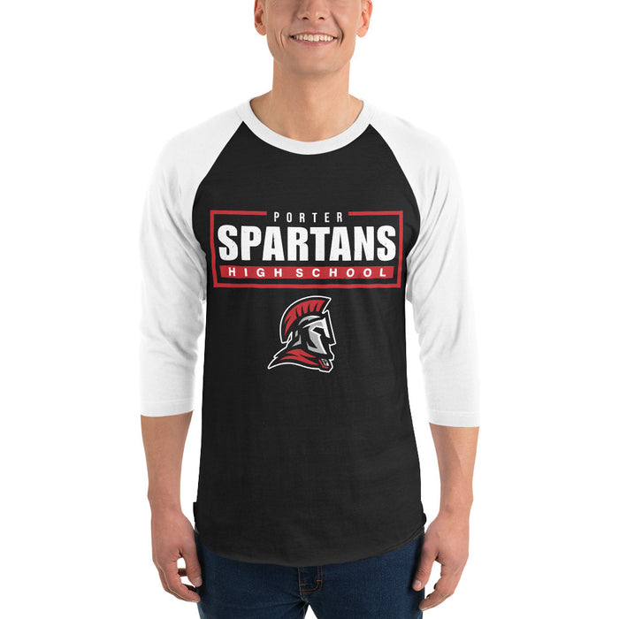 Man wearing Porter High School Spartans Unisex 3/4 Sleeve Raglan T-shirt 049