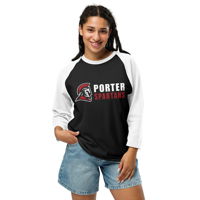 Woman wearing Porter High School Spartans Unisex 3/4 Sleeve Raglan T-shirt 200