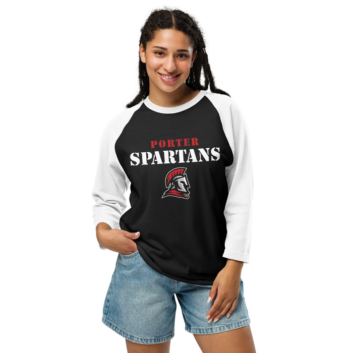 Woman wearing Porter High School Spartans Unisex 3/4 Sleeve Raglan T-shirt 017