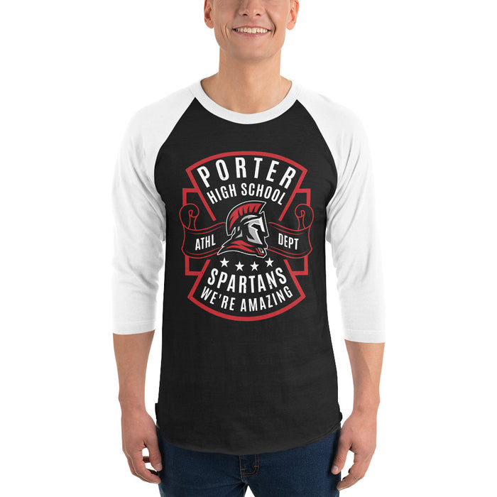 Man wearing Porter High School Spartans Unisex 3/4 Sleeve Raglan T-shirt 207