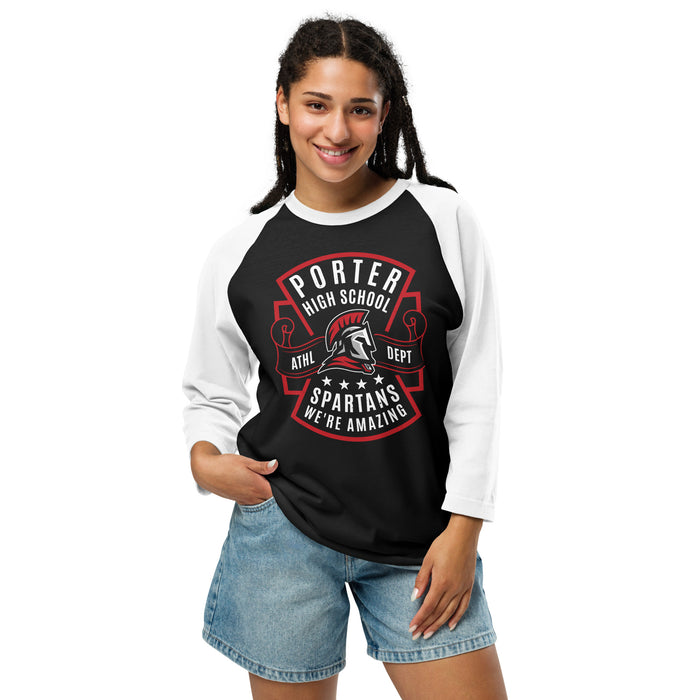 Woman wearing Porter High School Spartans Unisex 3/4 Sleeve Raglan T-shirt 207