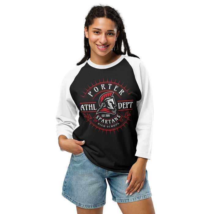Woman wearing Porter High School Spartans Unisex 3/4 Sleeve Raglan T-shirt 201