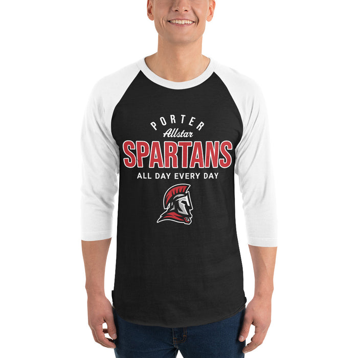 Man wearing Porter High School Spartans Unisex 3/4 Sleeve Raglan T-shirt 040