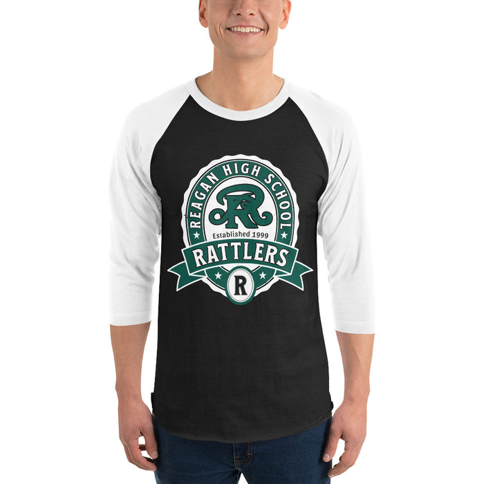 Man wearing Reagan High School Rattlers Unisex 3/4 sleeve Raglan T-shirt 212