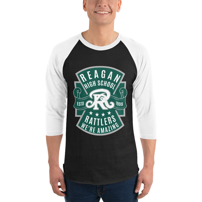 Man wearing Reagan High School Rattlers Unisex 3/4 sleeve Raglan T-shirt 207