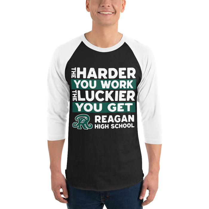 Man wearing Reagan High School Rattlers Unisex 3/4 sleeve Raglan T-shirt 238