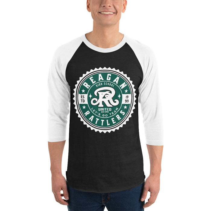 Man wearing Reagan High School Rattlers Unisex 3/4 sleeve Raglan T-shirt 203