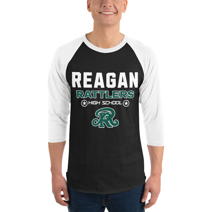Man wearing Reagan High School Rattlers Unisex 3/4 sleeve Raglan T-shirt 003