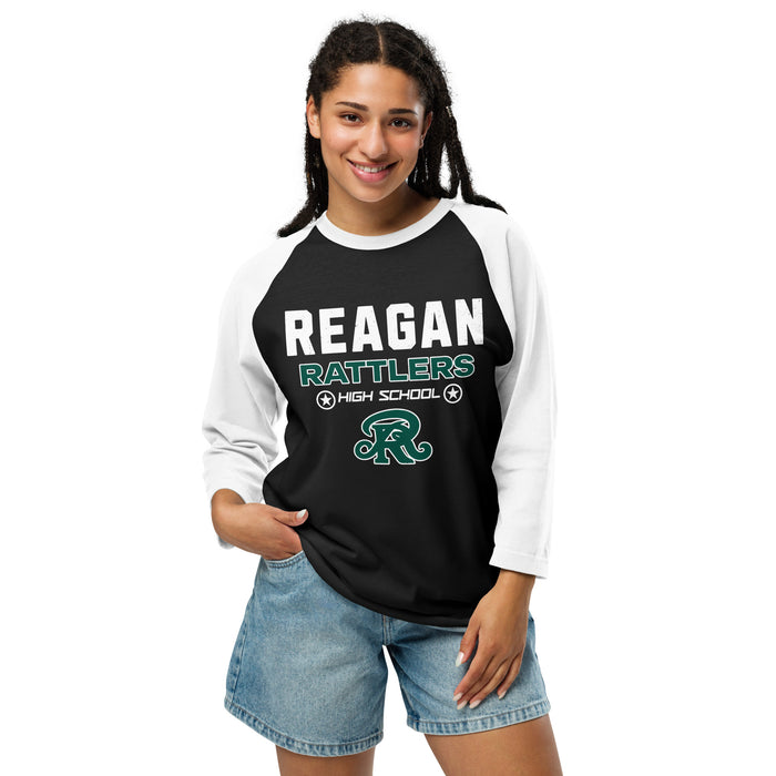 Woman wearing Reagan High School Rattlers Unisex 3/4 sleeve Raglan T-shirt 003
