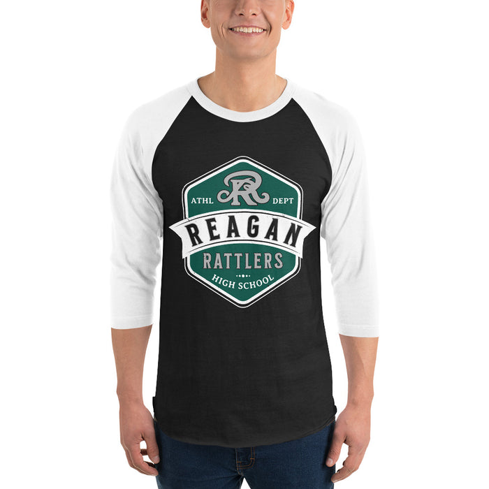 Man wearing Reagan High School Rattlers Unisex 3/4 sleeve Raglan T-shirt 209