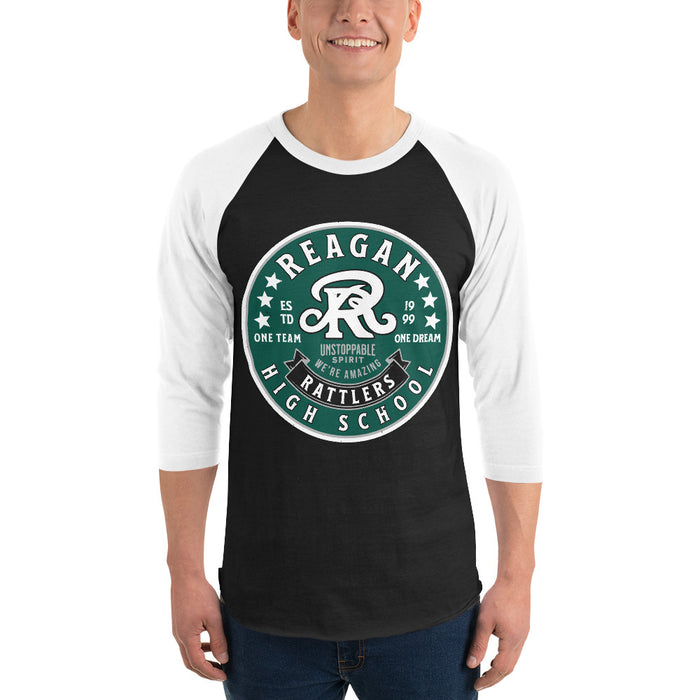 Man wearing Reagan High School Rattlers Unisex 3/4 sleeve Raglan T-shirt 215