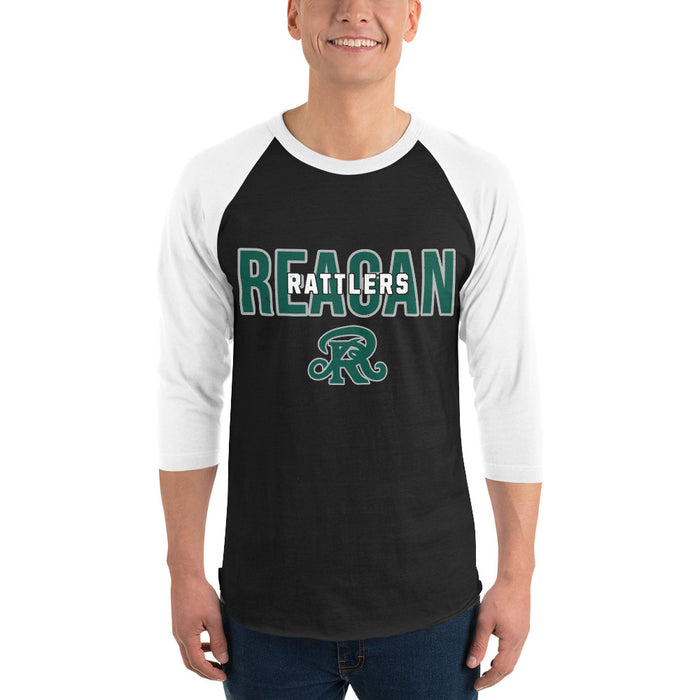 Man wearing Reagan High School Rattlers Unisex 3/4 sleeve Raglan T-shirt 227