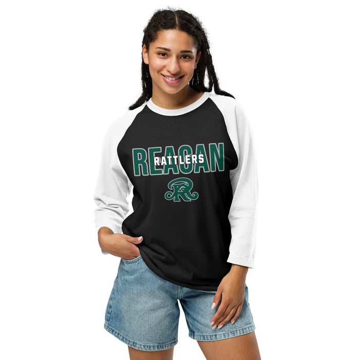 Woman wearing Reagan High School Rattlers Unisex 3/4 sleeve Raglan T-shirt 227