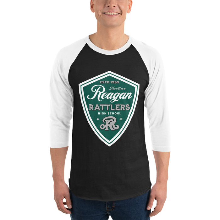 Man wearing Reagan High School Rattlers Unisex 3/4 sleeve Raglan T-shirt 225