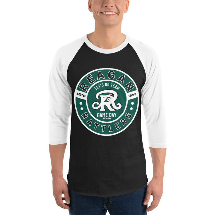 Man wearing Reagan High School Rattlers Unisex 3/4 sleeve Raglan T-shirt 239