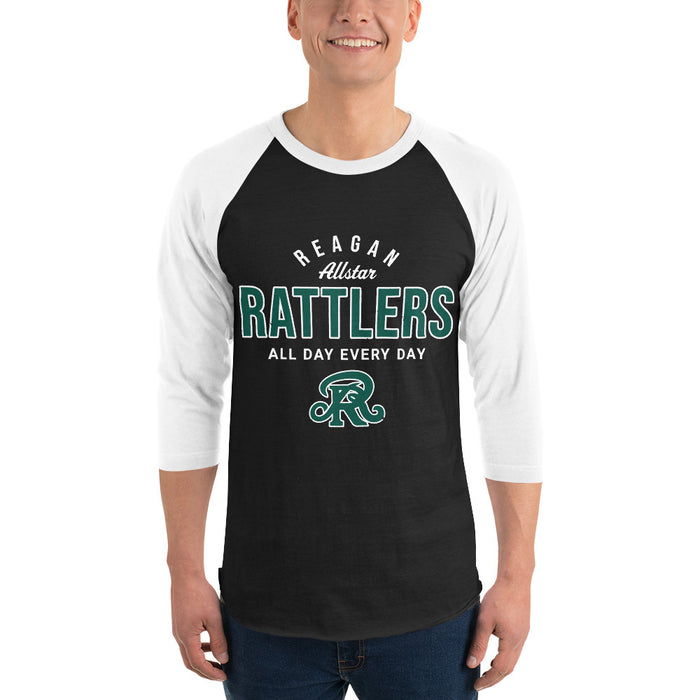 Man wearing Reagan High School Rattlers Unisex 3/4 sleeve Raglan T-shirt 040