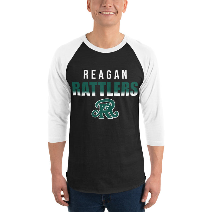 Man wearing Reagan High School Rattlers Unisex 3/4 sleeve Raglan T-shirt 024