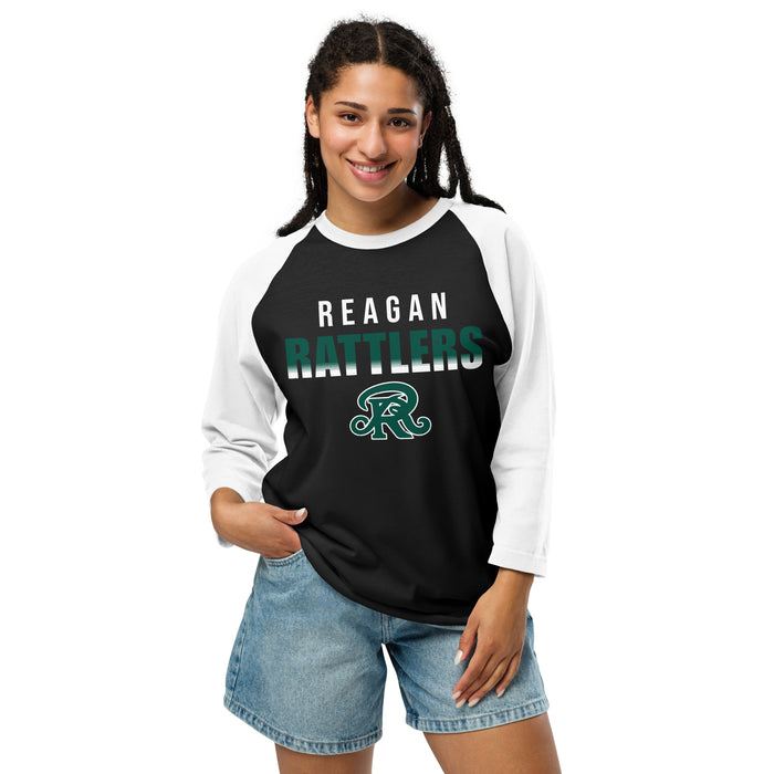 Woman wearing Reagan High School Rattlers Unisex 3/4 sleeve Raglan T-shirt 024