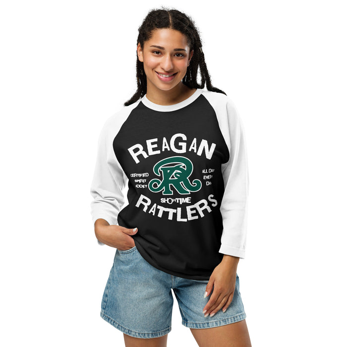 Woman wearing Reagan High School Rattlers Unisex 3/4 sleeve Raglan T-shirt 228
