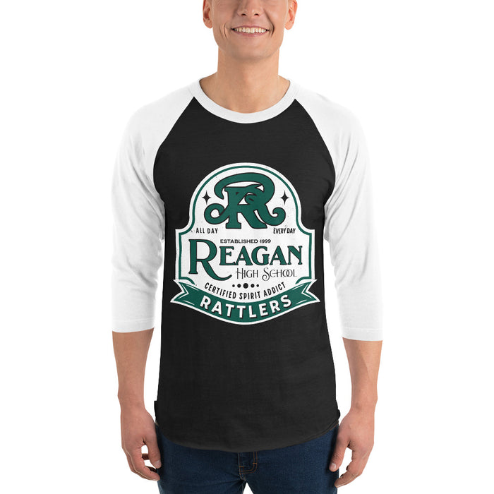 Man wearing Reagan High School Rattlers Unisex 3/4 sleeve Raglan T-shirt 219