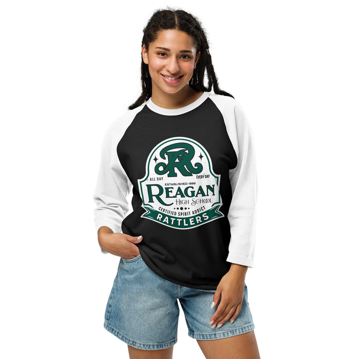 Woman wearing Reagan High School Rattlers Unisex 3/4 sleeve Raglan T-shirt 219