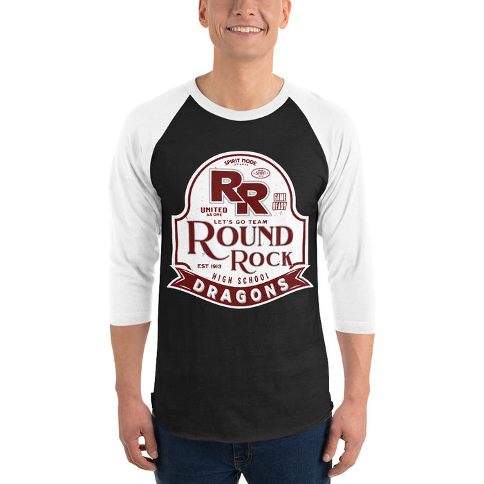 Man wearing Round Rock High School Dragons Unisex 3/4 sleeve Raglan T-shirt 219
