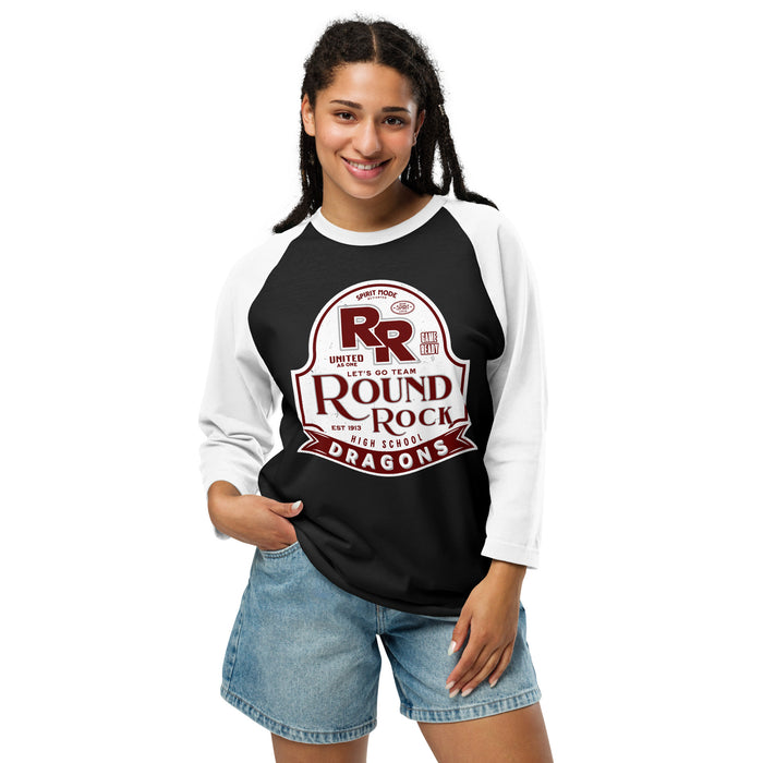 Woman wearing Round Rock High School Dragons Unisex 3/4 sleeve Raglan T-shirt 219