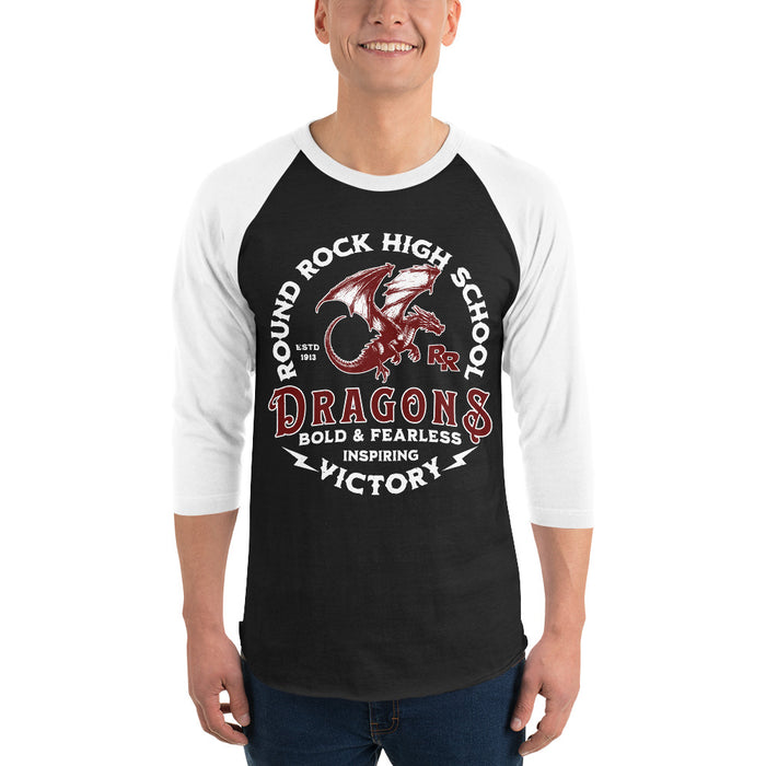 Man wearing Round Rock High School Dragons Unisex 3/4 sleeve Raglan T-shirt 206