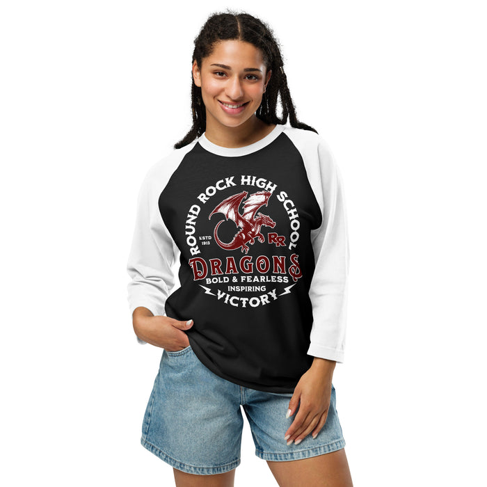 Woman wearing Round Rock High School Dragons Unisex 3/4 sleeve Raglan T-shirt 206