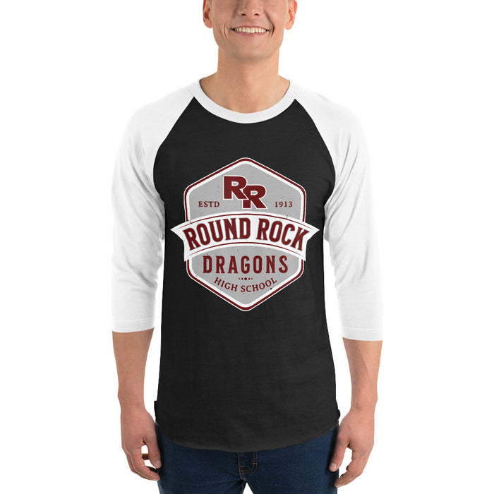 Man wearing Round Rock High School Dragons Unisex 3/4 sleeve Raglan T-shirt 209