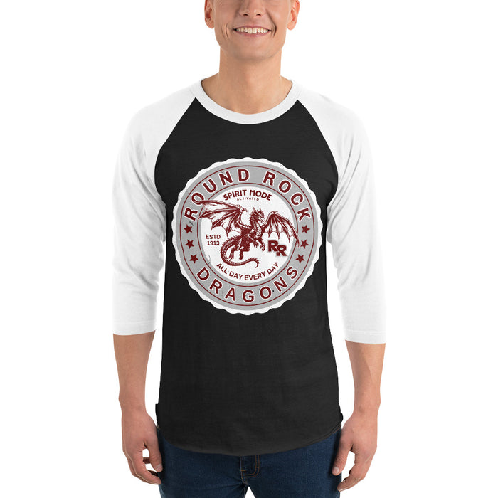 Man wearing Round Rock High School Dragons Unisex 3/4 sleeve Raglan T-shirt 216