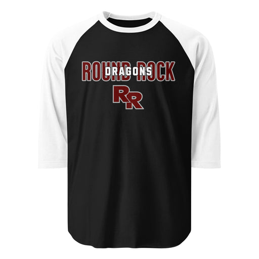 Close-up view of Round Rock High School Dragons Unisex 3/4 sleeve Raglan T-shirt 227