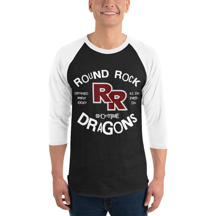Man wearing Round Rock High School Dragons Unisex 3/4 sleeve Raglan T-shirt 228